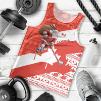 Canada Christmas Men Tank Top with Santa Playing Hockey Maple Leaf Flag and Red White Knit Pattern Design - Wonder Print Shop