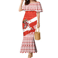 Canada Christmas Mermaid Dress with Santa Playing Hockey Maple Leaf Flag and Red White Knit Pattern Design - Wonder Print Shop