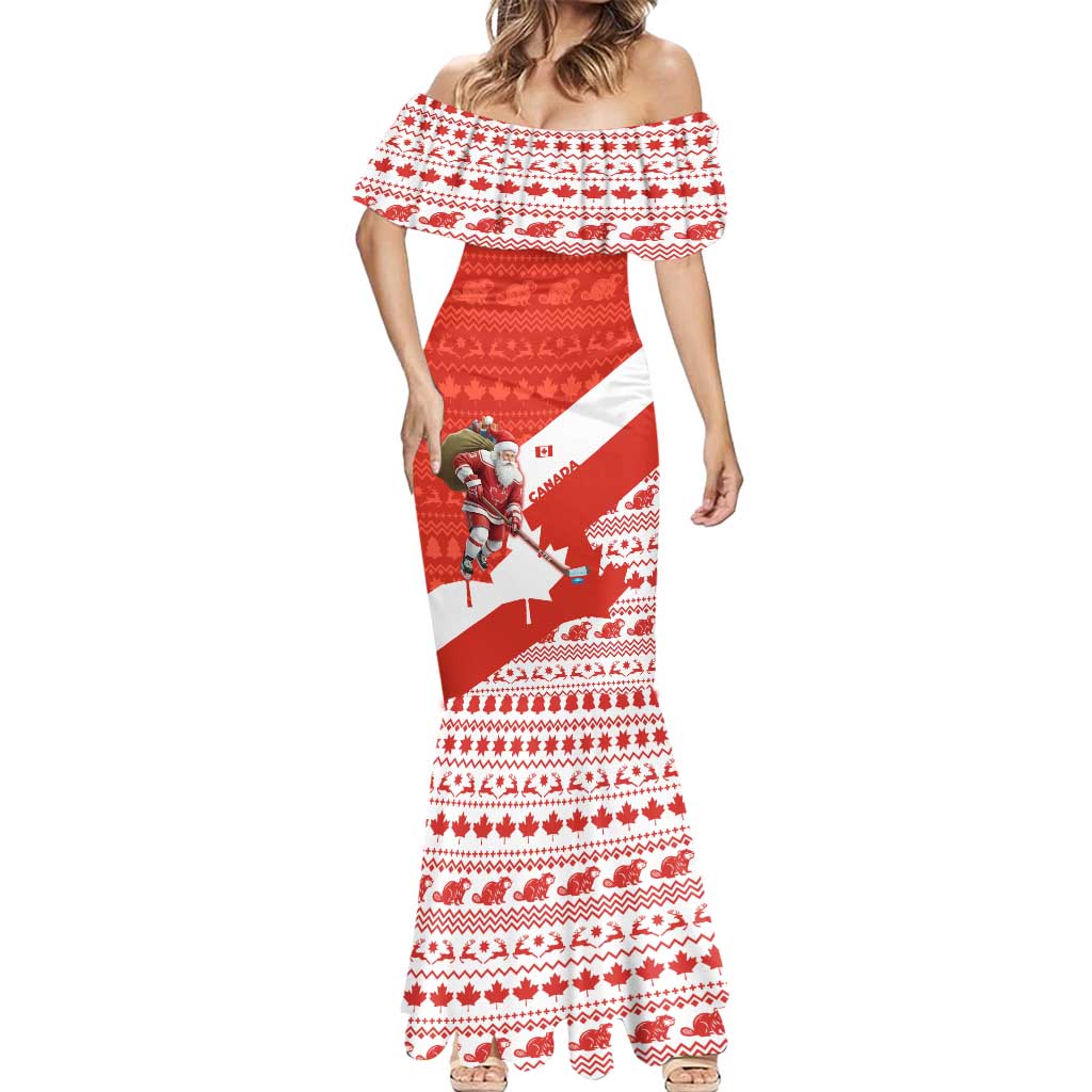 Canada Christmas Mermaid Dress with Santa Playing Hockey Maple Leaf Flag and Red White Knit Pattern Design - Wonder Print Shop