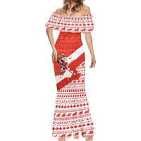 Canada Christmas Mermaid Dress with Santa Playing Hockey Maple Leaf Flag and Red White Knit Pattern Design - Wonder Print Shop