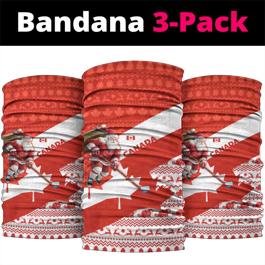 Canada Christmas Neck Gaiter with Santa Playing Hockey Maple Leaf Flag and Red White Knit Pattern Design - Wonder Print Shop
