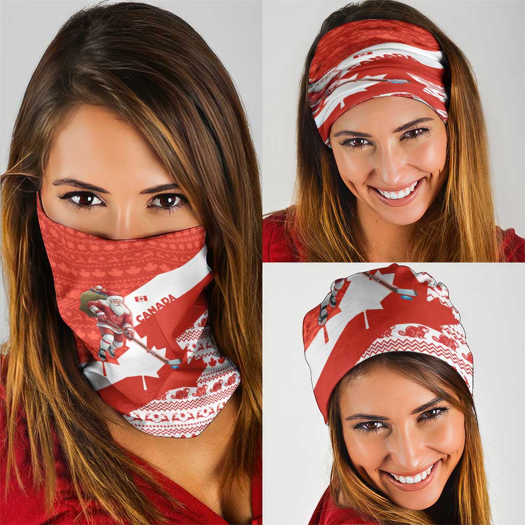 Canada Christmas Neck Gaiter with Santa Playing Hockey Maple Leaf Flag and Red White Knit Pattern Design - Wonder Print Shop