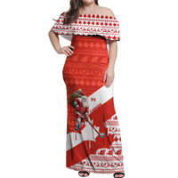 Canada Christmas Off Shoulder Maxi Dress with Santa Playing Hockey Maple Leaf Flag and Red White Knit Pattern Design - Wonder Print Shop