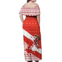 Canada Christmas Off Shoulder Maxi Dress with Santa Playing Hockey Maple Leaf Flag and Red White Knit Pattern Design - Wonder Print Shop