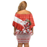 Canada Christmas Off Shoulder Short Dress with Santa Playing Hockey Maple Leaf Flag and Red White Knit Pattern Design - Wonder Print Shop