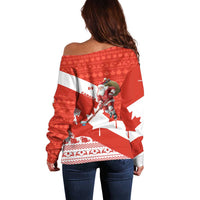 Canada Christmas Off Shoulder Sweater with Santa Playing Hockey Maple Leaf Flag and Red White Knit Pattern Design - Wonder Print Shop