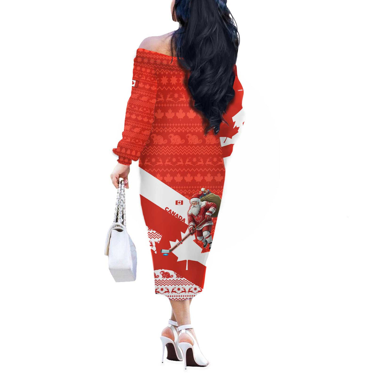 Canada Christmas Off The Shoulder Long Sleeve Dress with Santa Playing Hockey Maple Leaf Flag and Red White Knit Pattern Design - Wonder Print Shop