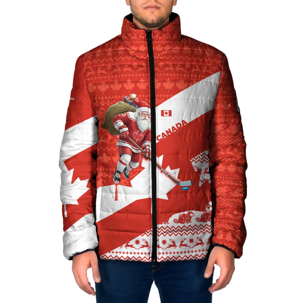 Canada Christmas Padded Jacket with Santa Playing Hockey Maple Leaf Flag and Red White Knit Pattern Design - Wonder Print Shop