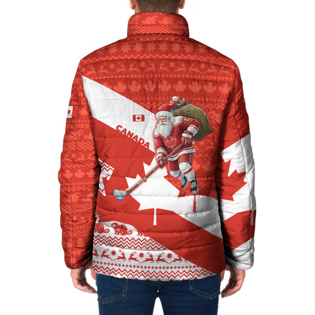 Canada Christmas Padded Jacket with Santa Playing Hockey Maple Leaf Flag and Red White Knit Pattern Design - Wonder Print Shop