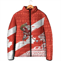 Canada Christmas Padded Jacket with Santa Playing Hockey Maple Leaf Flag and Red White Knit Pattern Design - Wonder Print Shop