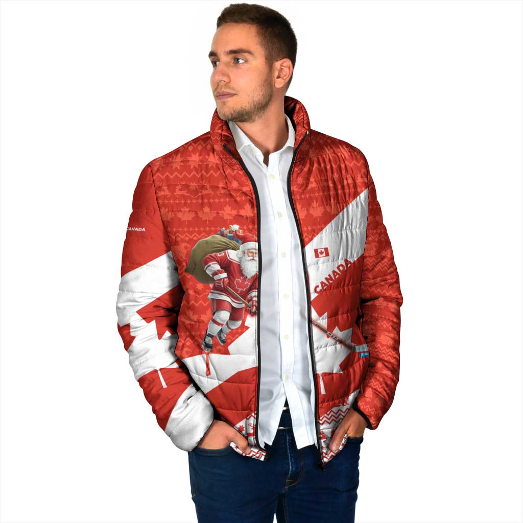 Canada Christmas Padded Jacket with Santa Playing Hockey Maple Leaf Flag and Red White Knit Pattern Design - Wonder Print Shop