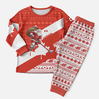 Canada Christmas Pajama Set with Santa Playing Hockey Maple Leaf Flag and Red White Knit Pattern Design - Wonder Print Shop