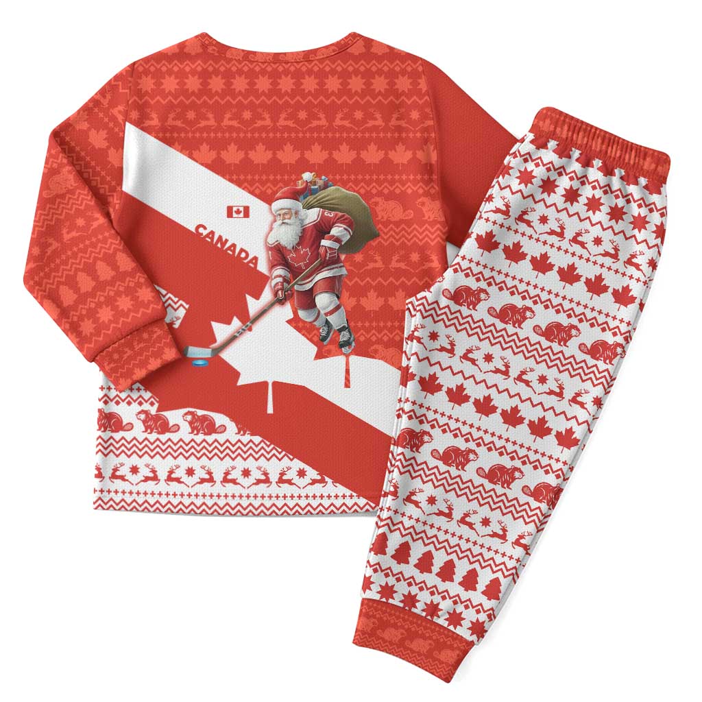 Canada Christmas Pajama Set with Santa Playing Hockey Maple Leaf Flag and Red White Knit Pattern Design - Wonder Print Shop