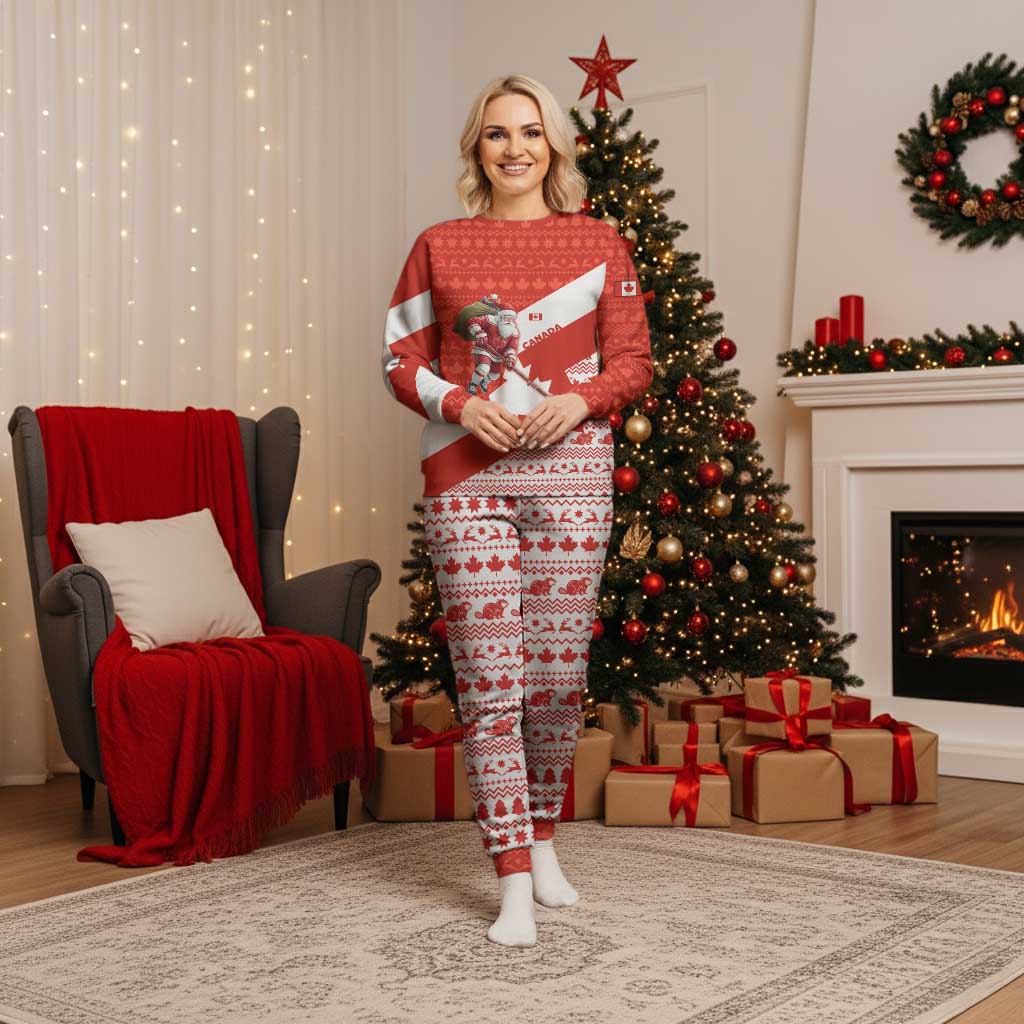 Canada Christmas Pajama Set with Santa Playing Hockey Maple Leaf Flag and Red White Knit Pattern Design - Wonder Print Shop