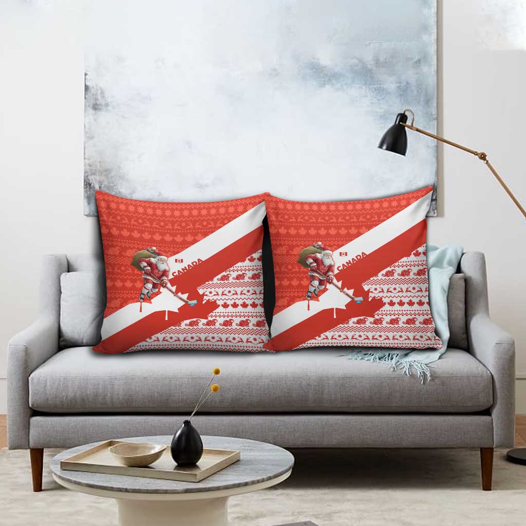 Canada Christmas Pillow Cover with Santa Playing Hockey Maple Leaf Flag and Red White Knit Pattern Design - Wonder Print Shop
