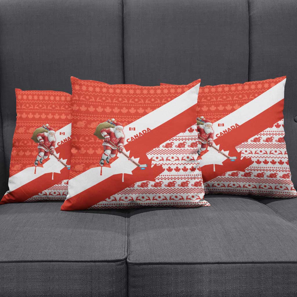 Canada Christmas Pillow Cover with Santa Playing Hockey Maple Leaf Flag and Red White Knit Pattern Design - Wonder Print Shop