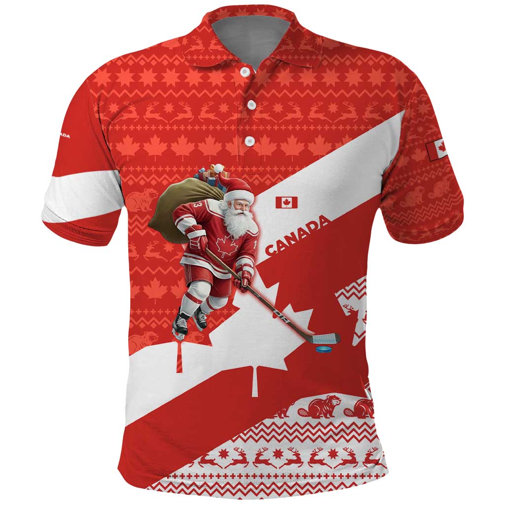 Canada Christmas Polo Shirt with Santa Playing Hockey Maple Leaf Flag and Red White Knit Pattern Design - Wonder Print Shop