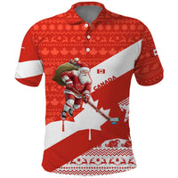 Canada Christmas Polo Shirt with Santa Playing Hockey Maple Leaf Flag and Red White Knit Pattern Design - Wonder Print Shop