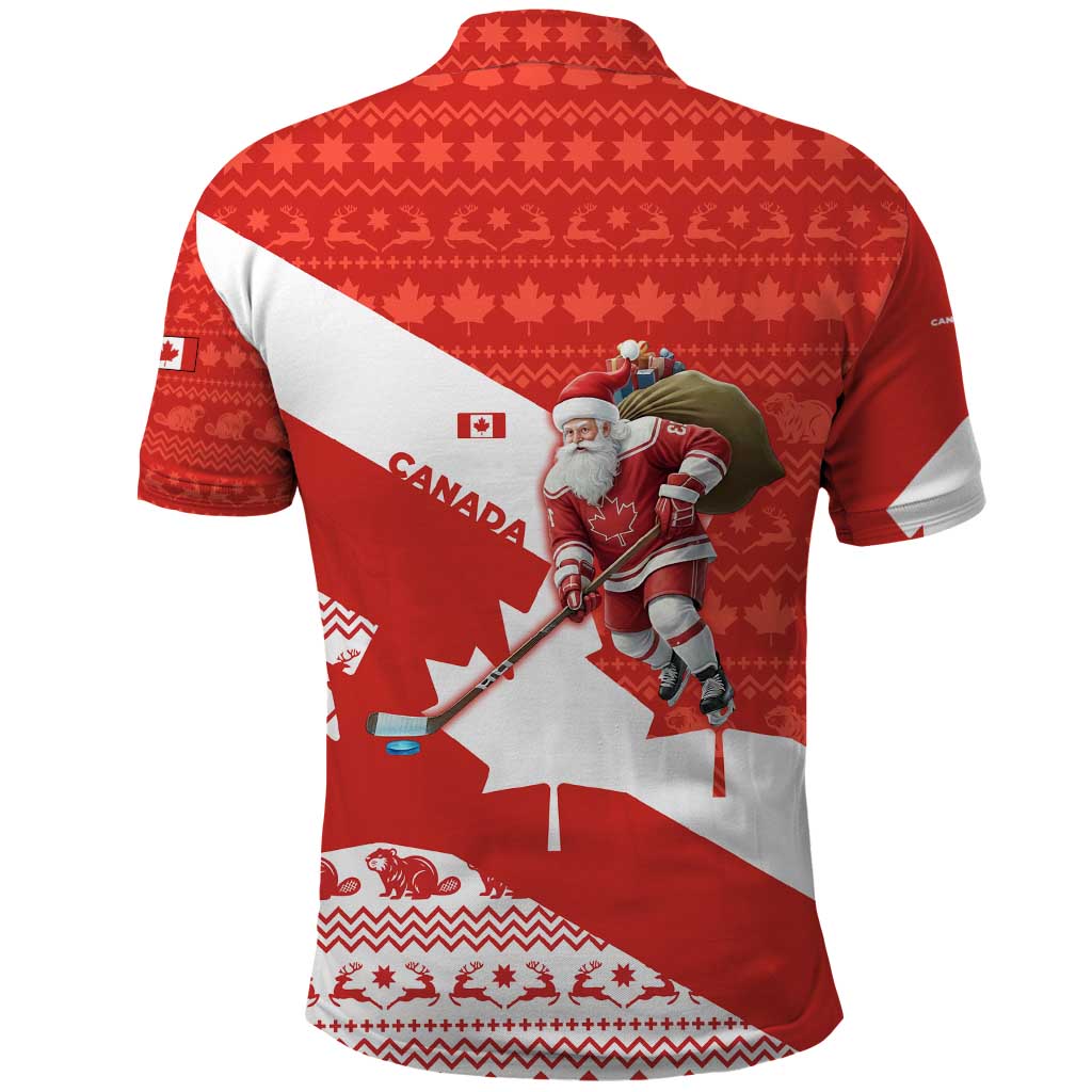 Canada Christmas Polo Shirt with Santa Playing Hockey Maple Leaf Flag and Red White Knit Pattern Design - Wonder Print Shop