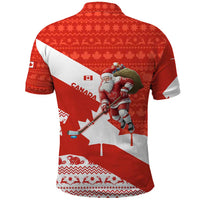 Canada Christmas Polo Shirt with Santa Playing Hockey Maple Leaf Flag and Red White Knit Pattern Design - Wonder Print Shop