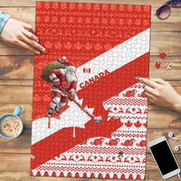 Canada Christmas Puzzle with Santa Playing Hockey Maple Leaf Flag and Red White Knit Pattern Design - Wonder Print Shop