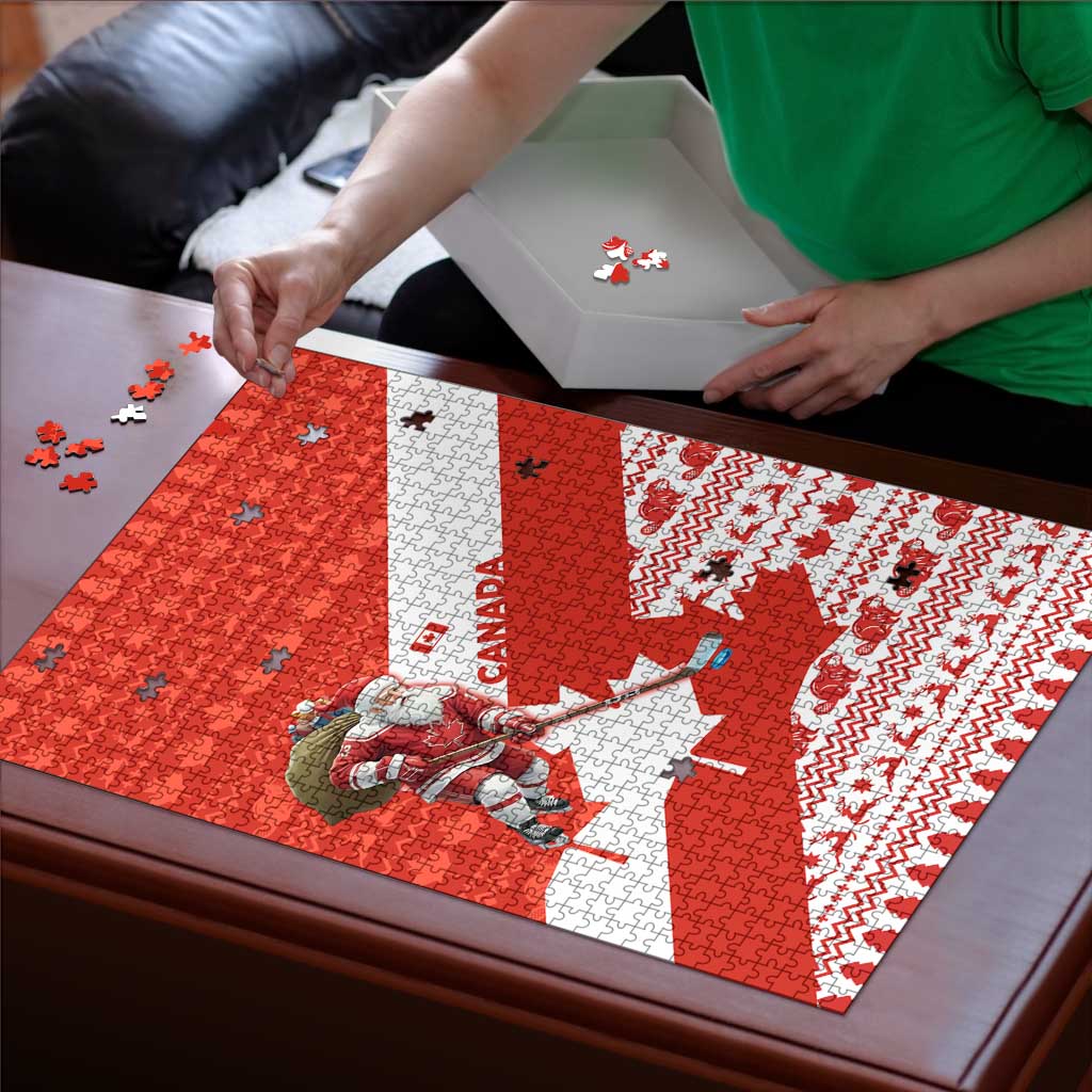 Canada Christmas Puzzle with Santa Playing Hockey Maple Leaf Flag and Red White Knit Pattern Design - Wonder Print Shop