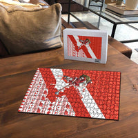 Canada Christmas Puzzle with Santa Playing Hockey Maple Leaf Flag and Red White Knit Pattern Design - Wonder Print Shop
