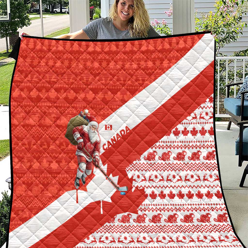 Canada Christmas Quilt with Santa Playing Hockey Maple Leaf Flag and Red White Knit Pattern Design - Wonder Print Shop
