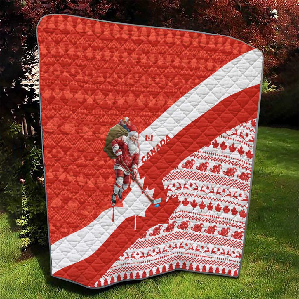Canada Christmas Quilt with Santa Playing Hockey Maple Leaf Flag and Red White Knit Pattern Design - Wonder Print Shop