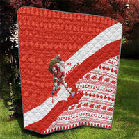 Canada Christmas Quilt with Santa Playing Hockey Maple Leaf Flag and Red White Knit Pattern Design - Wonder Print Shop