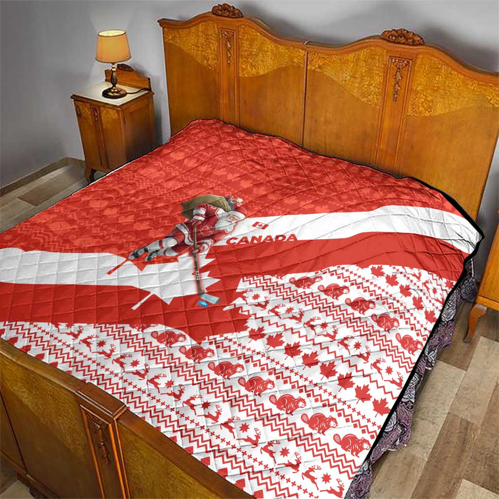 Canada Christmas Quilt with Santa Playing Hockey Maple Leaf Flag and Red White Knit Pattern Design - Wonder Print Shop