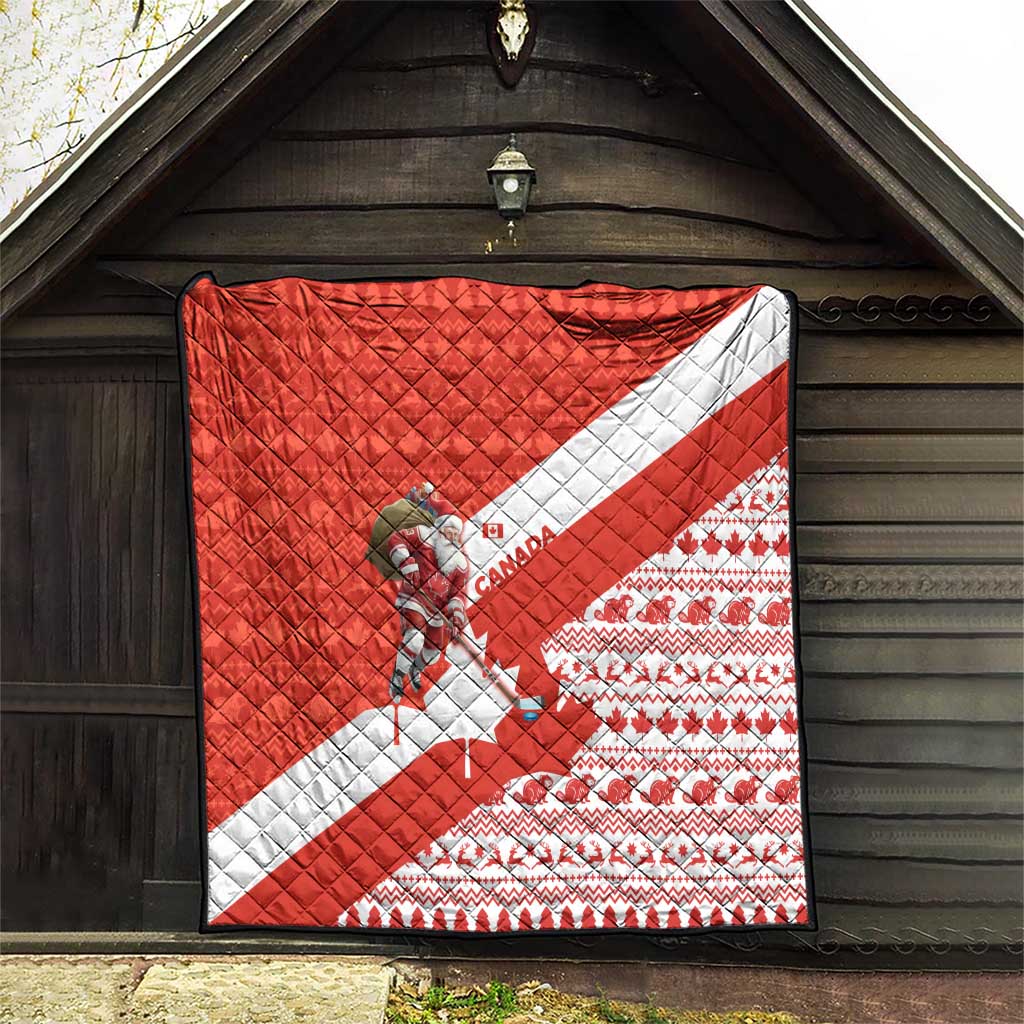 Canada Christmas Quilt with Santa Playing Hockey Maple Leaf Flag and Red White Knit Pattern Design - Wonder Print Shop