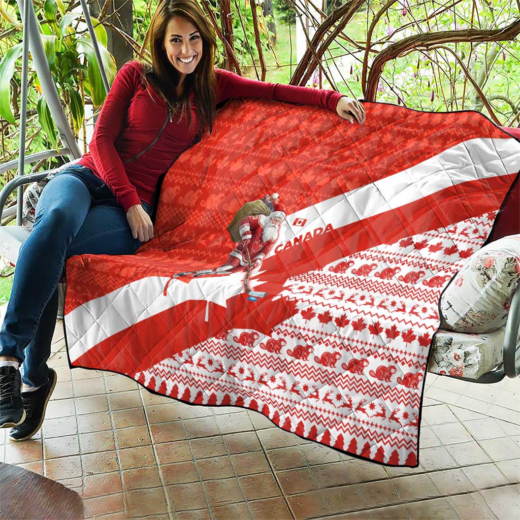 Canada Christmas Quilt with Santa Playing Hockey Maple Leaf Flag and Red White Knit Pattern Design - Wonder Print Shop