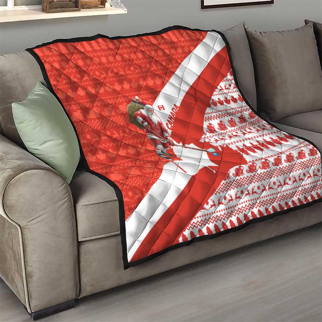 Canada Christmas Quilt with Santa Playing Hockey Maple Leaf Flag and Red White Knit Pattern Design - Wonder Print Shop