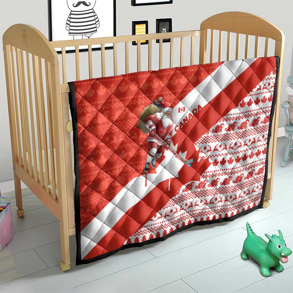 Canada Christmas Quilt with Santa Playing Hockey Maple Leaf Flag and Red White Knit Pattern Design - Wonder Print Shop