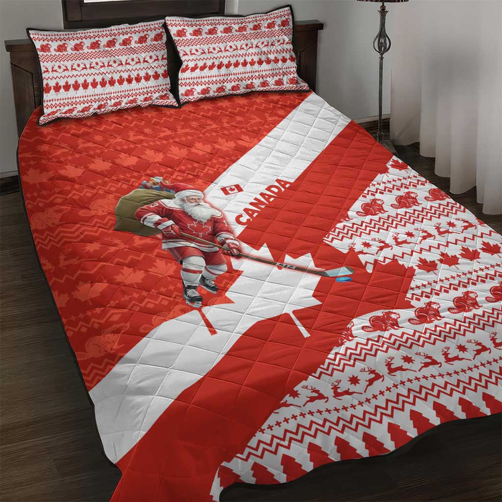 Canada Christmas Quilt Bed Set with Santa Playing Hockey Maple Leaf Flag and Red White Knit Pattern Design - Wonder Print Shop