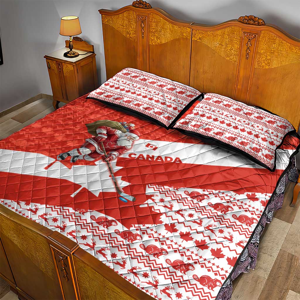 Canada Christmas Quilt Bed Set with Santa Playing Hockey Maple Leaf Flag and Red White Knit Pattern Design - Wonder Print Shop