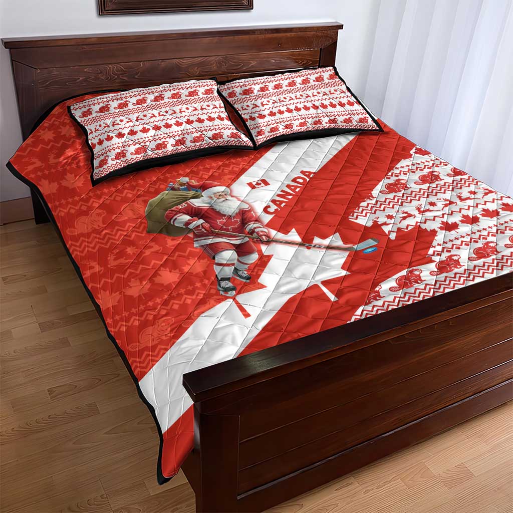 Canada Christmas Quilt Bed Set with Santa Playing Hockey Maple Leaf Flag and Red White Knit Pattern Design - Wonder Print Shop