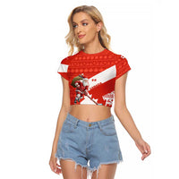 Canada Christmas Raglan Cropped T Shirt with Santa Playing Hockey Maple Leaf Flag and Red White Knit Pattern Design - Wonder Print Shop