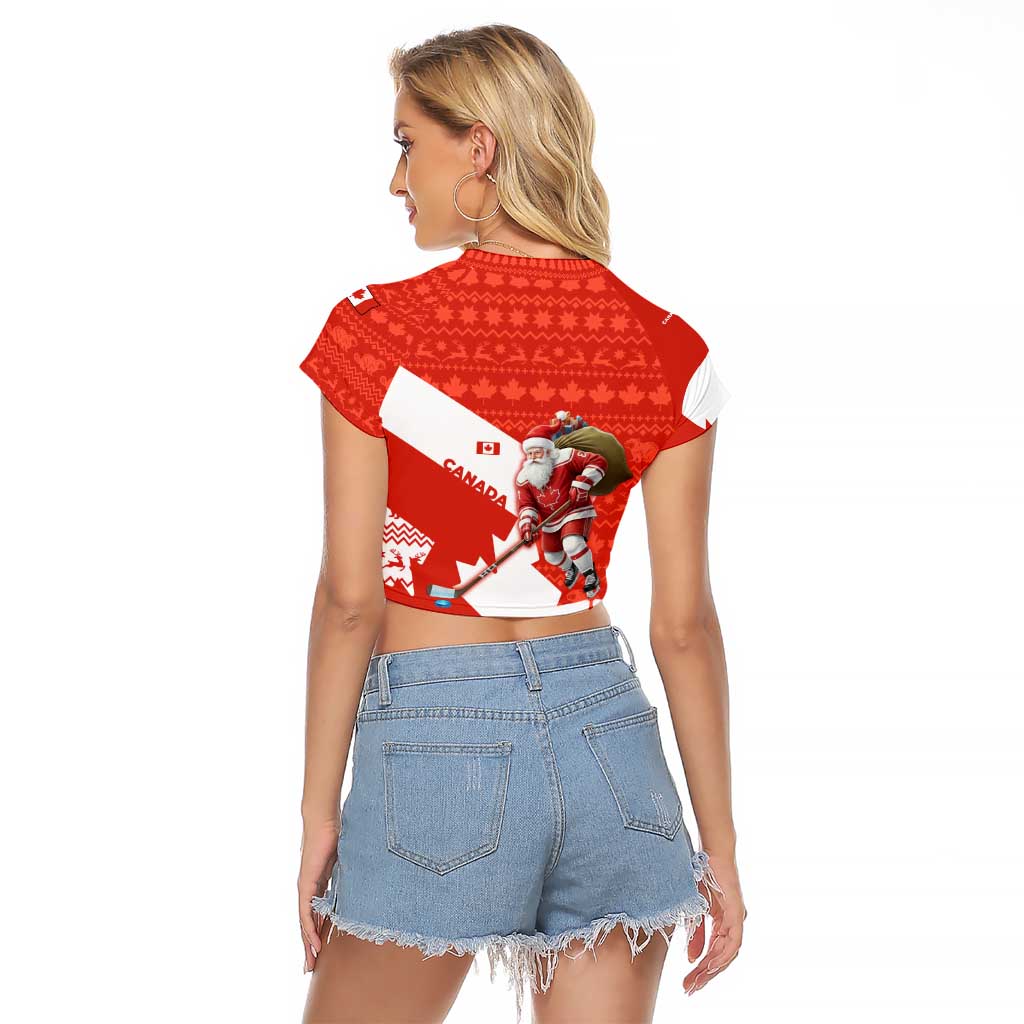 Canada Christmas Raglan Cropped T Shirt with Santa Playing Hockey Maple Leaf Flag and Red White Knit Pattern Design - Wonder Print Shop