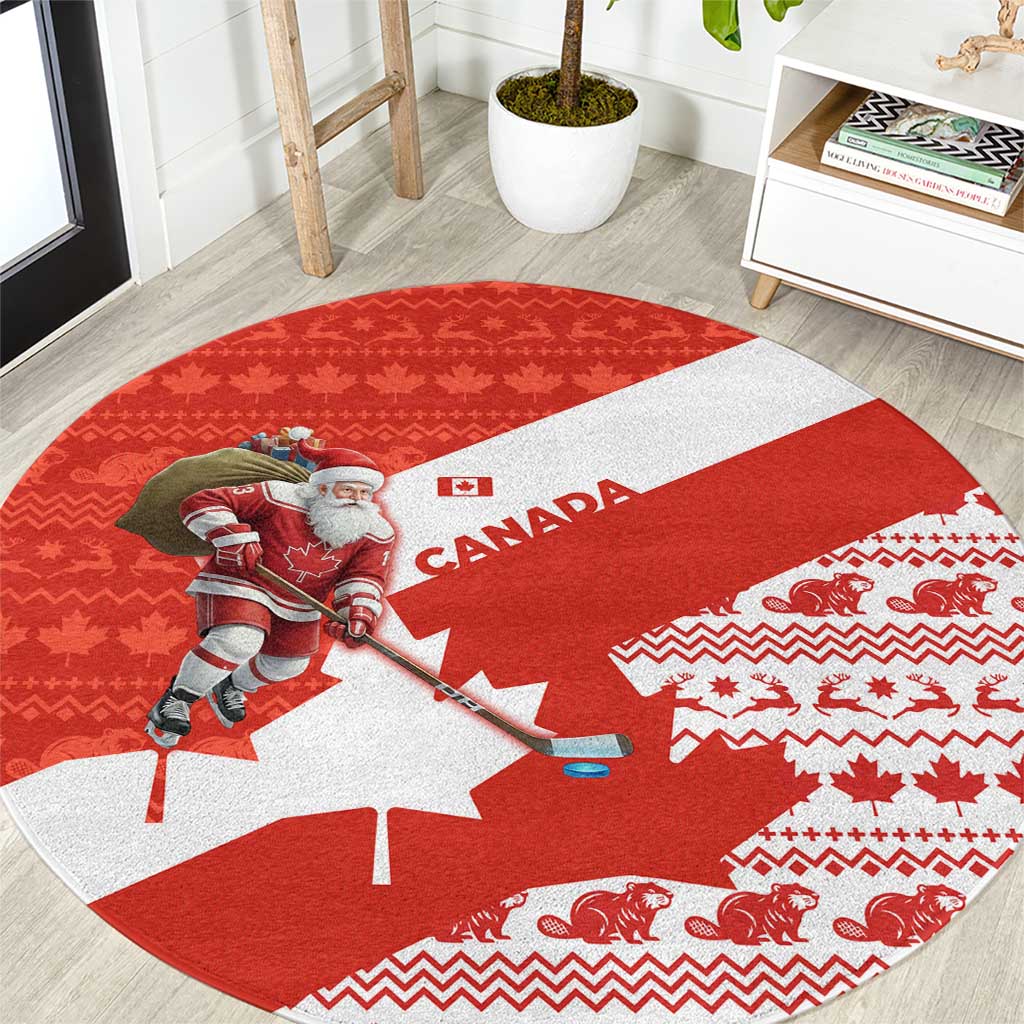 Canada Christmas Round Carpet with Santa Playing Hockey Maple Leaf Flag and Red White Knit Pattern Design - Wonder Print Shop