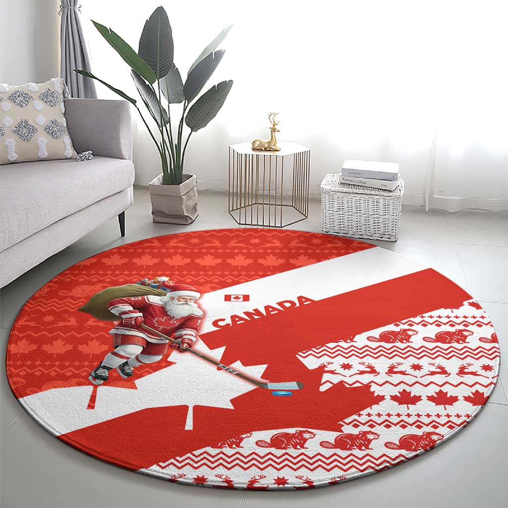 Canada Christmas Round Carpet with Santa Playing Hockey Maple Leaf Flag and Red White Knit Pattern Design - Wonder Print Shop