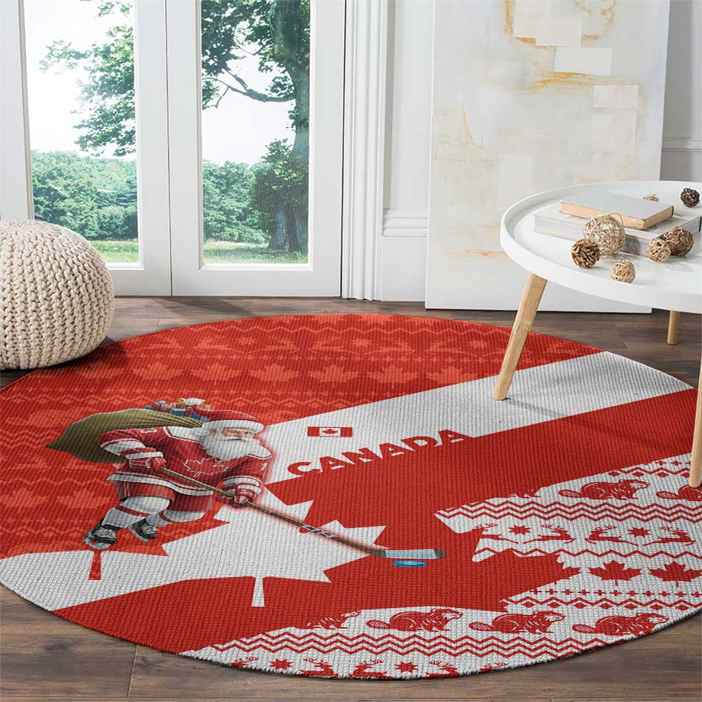 Canada Christmas Round Carpet with Santa Playing Hockey Maple Leaf Flag and Red White Knit Pattern Design - Wonder Print Shop