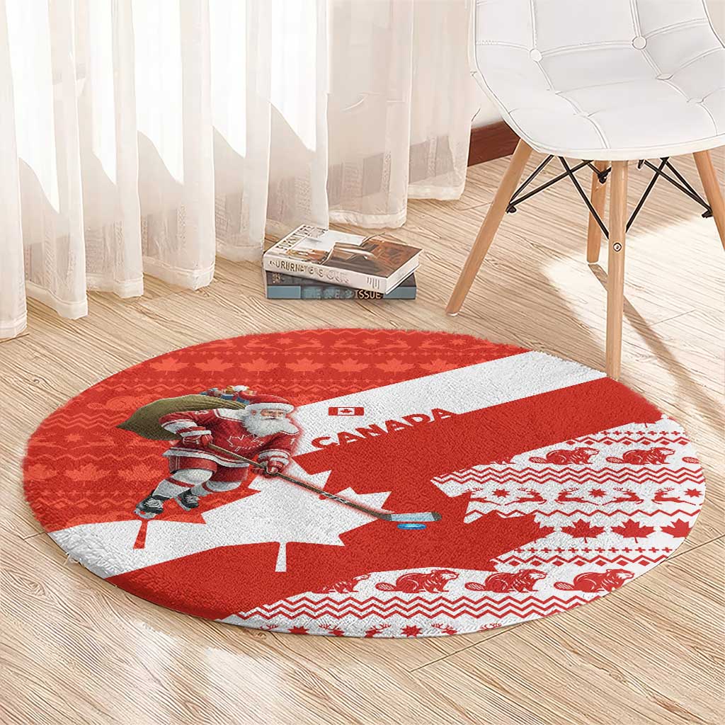 Canada Christmas Round Carpet with Santa Playing Hockey Maple Leaf Flag and Red White Knit Pattern Design - Wonder Print Shop