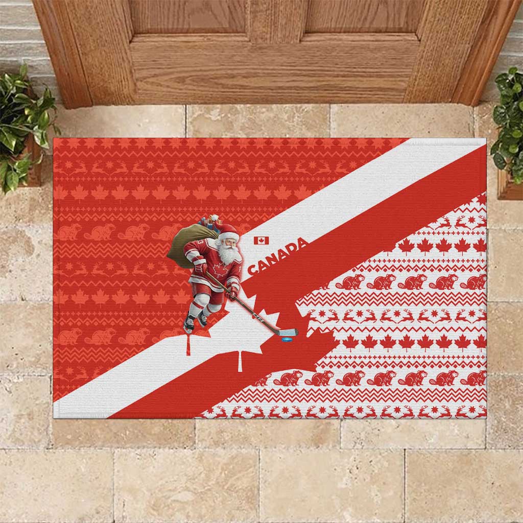 Canada Christmas Rubber Doormat with Santa Playing Hockey Maple Leaf Flag and Red White Knit Pattern Design - Wonder Print Shop