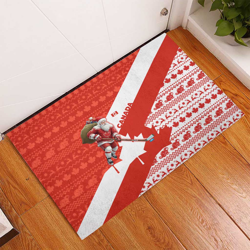 Canada Christmas Rubber Doormat with Santa Playing Hockey Maple Leaf Flag and Red White Knit Pattern Design - Wonder Print Shop