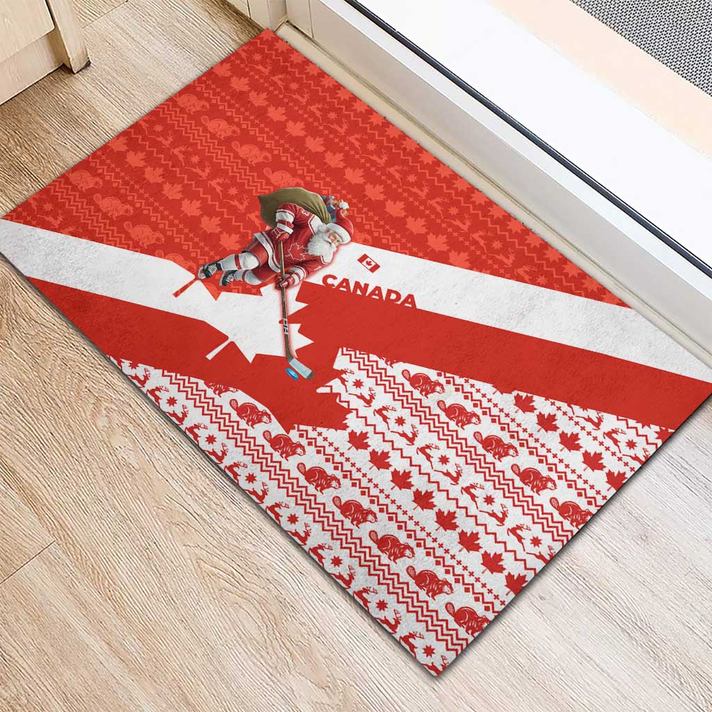 Canada Christmas Rubber Doormat with Santa Playing Hockey Maple Leaf Flag and Red White Knit Pattern Design - Wonder Print Shop