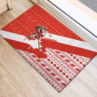 Canada Christmas Rubber Doormat with Santa Playing Hockey Maple Leaf Flag and Red White Knit Pattern Design - Wonder Print Shop