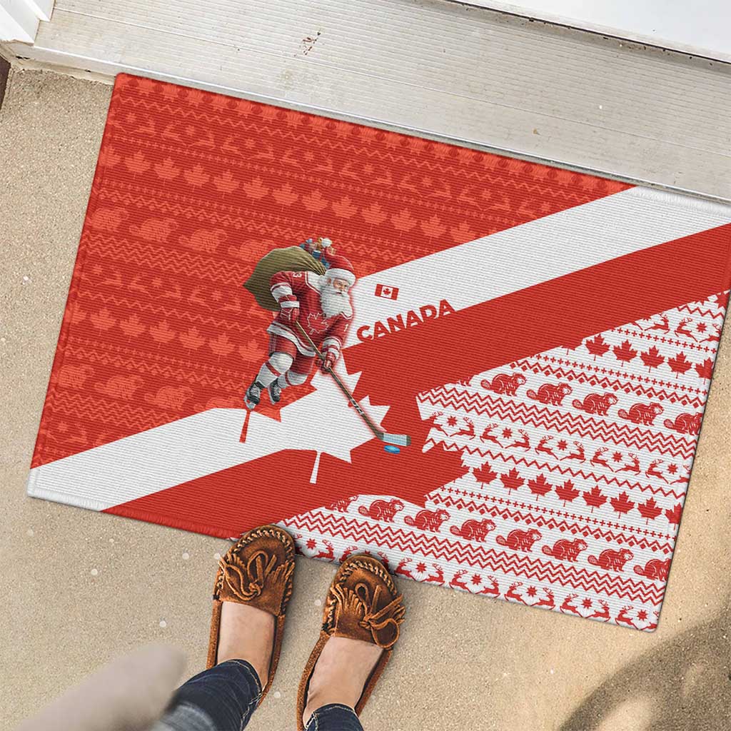 Canada Christmas Rubber Doormat with Santa Playing Hockey Maple Leaf Flag and Red White Knit Pattern Design - Wonder Print Shop