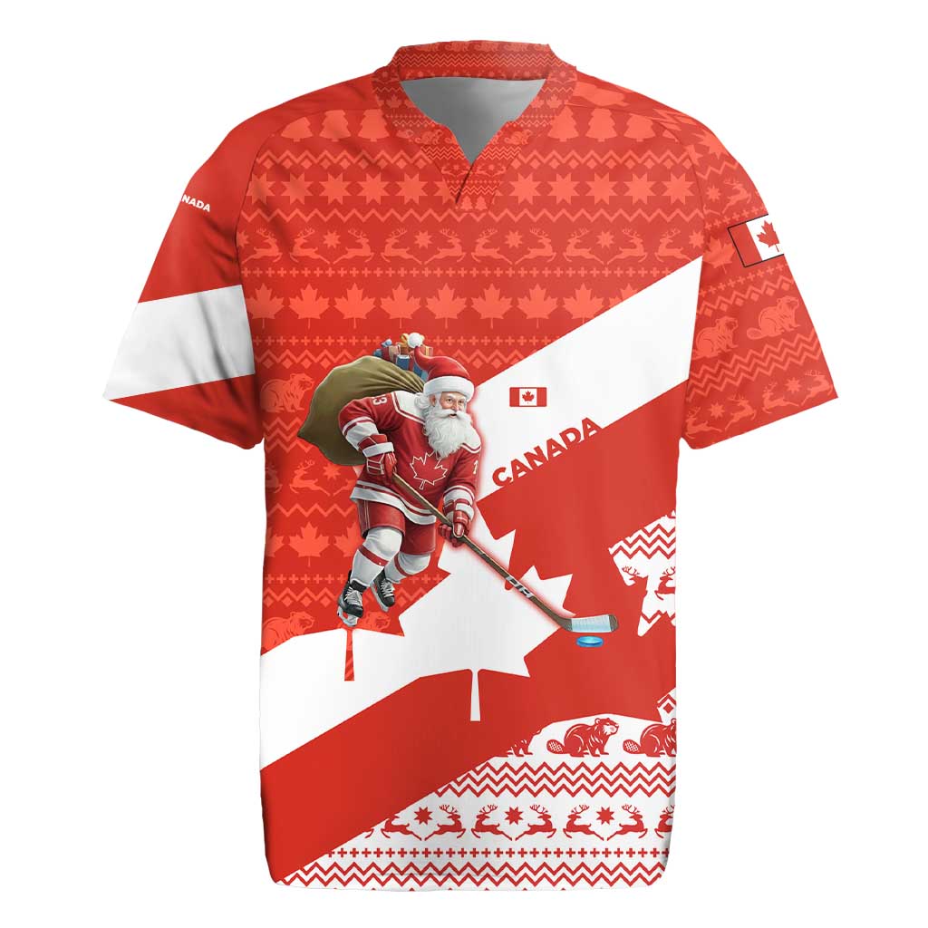 Canada Christmas Rugby Jersey with Santa Playing Hockey Maple Leaf Flag and Red White Knit Pattern Design - Wonder Print Shop